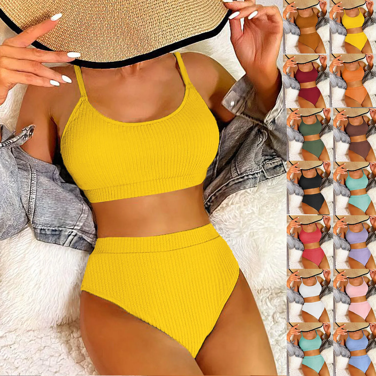 2024 New Fashionable Swimwear Trends Women\'s Split Bikini Solid Color Fashion With Bust Pads Non-Steel Bra Swimsuit