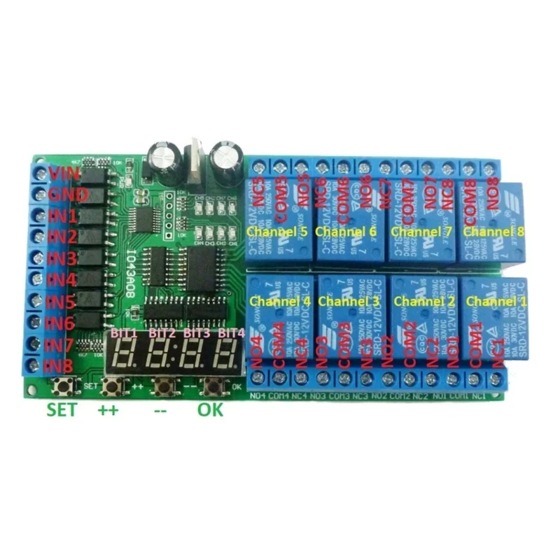 8CH Multifunction LED Timer Delay Relays Board Time Switches Timing Interlocks Self-locking Digital LED Display DC12V