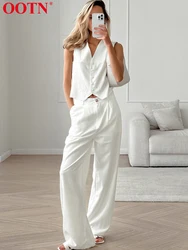 OOTN White Outfits Women Casual Button Up Tops Suits Summer Two Piece Sets Cotton Sleeveless V Neck Shirt Pleated Long Pants