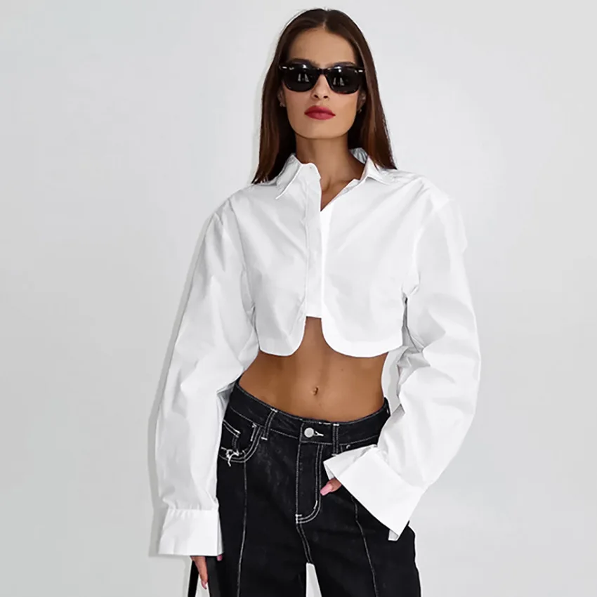 Fashion Woman Blouses 2026 Autumn Slim Lapel Long Sleeve Crop Shirts Ladies Streetwear White Skinny Blusas Tops Female