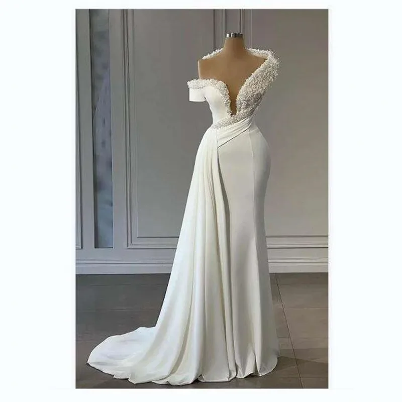 Stunning Beaded Off the Shoulder Wedding Dress Chapel Train Vestido De Noiva sereia Sweetheart Ruched Satin  Bridal Gowns