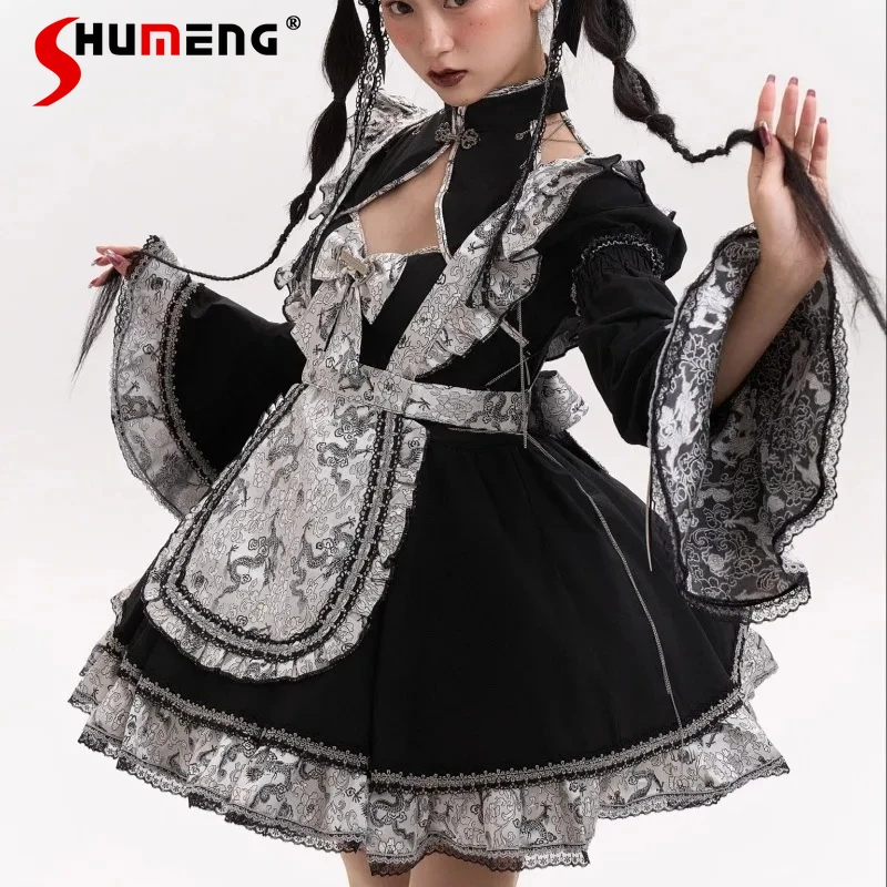 

Japanese Unique Design Silver Dragon Maid Suit Dresses Aqua Dragon Pattern Sleeves Hollow Chain Apron Chinese Style Kawaii Dress