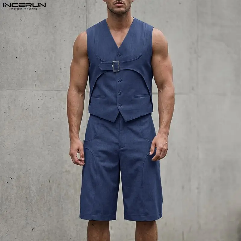 INCERUN Herren-Sets, einfarbig, V-Ausschnitt, ärmellose Westen, Shorts, zweiteilige Sets, Streetwear, modisch, lässig, passende Sets für Herren, Trainingsanzüge