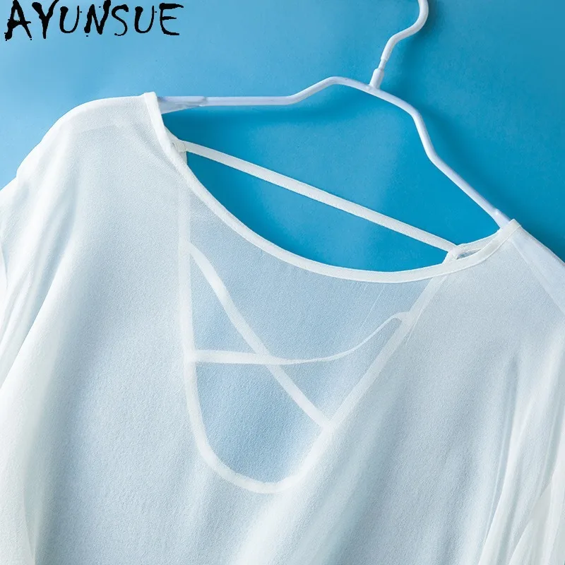AYUNSUE 100% Silk Tops for Woman Solid Color Long Sleeve Tops Spring Summer Pullover Causal Going Out Top Woman Clothes Футболка