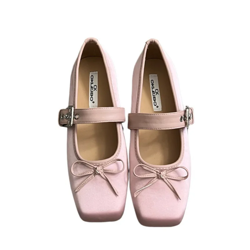 Low Heels Grandma Shoes Riband Female Footwear Square Toe Autumn Bow-Knot Dress Fall New Comfortable Butterfly Rome PU Rubber Si