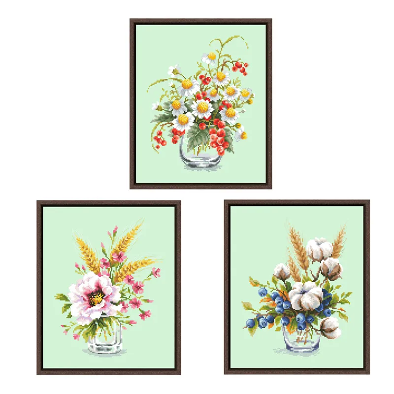 Chamomile and red cur cross stitch kit flower pattern design 18ct 14ct 11ct light green canvas embroidery DIY