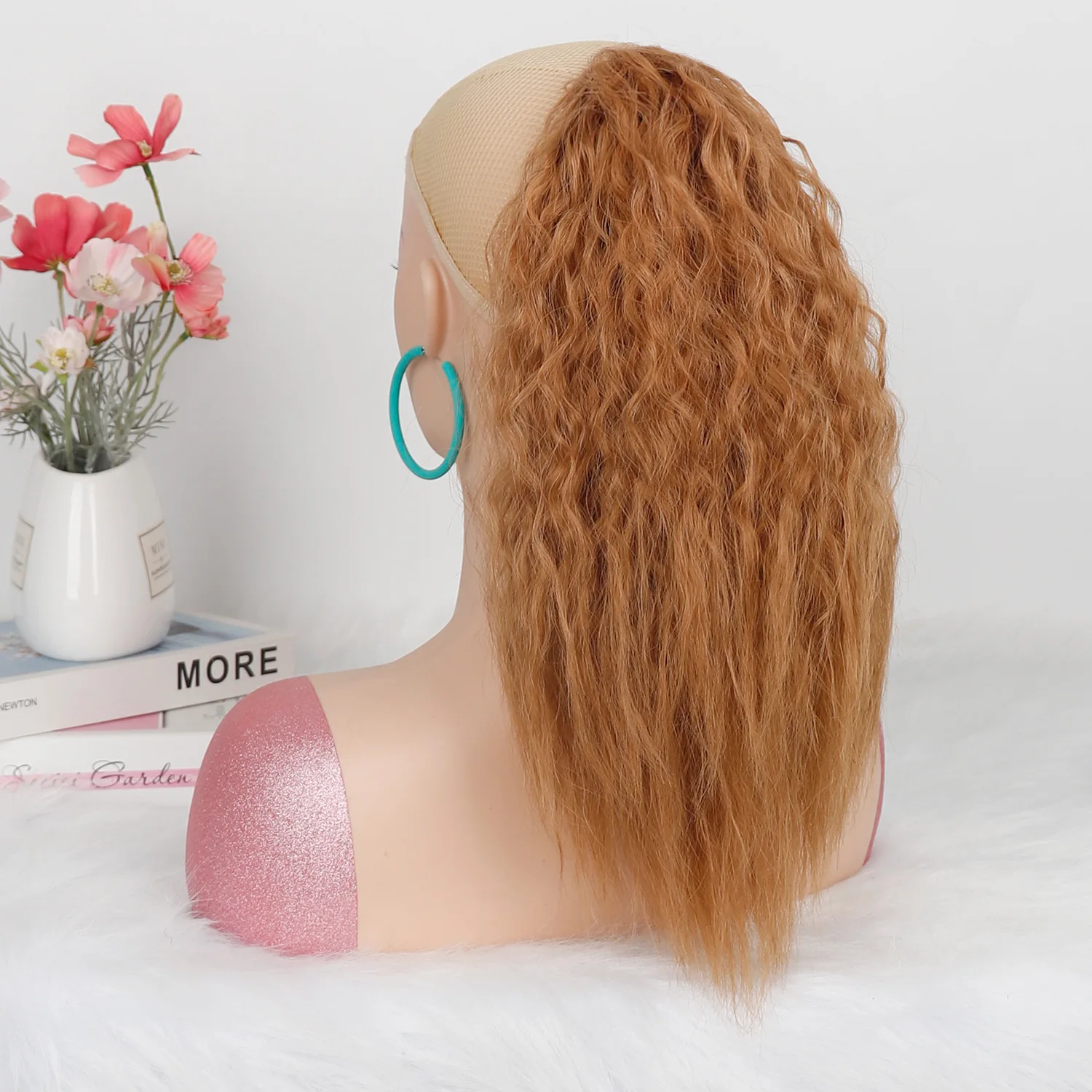 Synthetic Short Drawstring Ponytail for Women Voluminous Corn Wave Style Fluffy Light Brown Curly Clip Hairpiece Cosplay Party