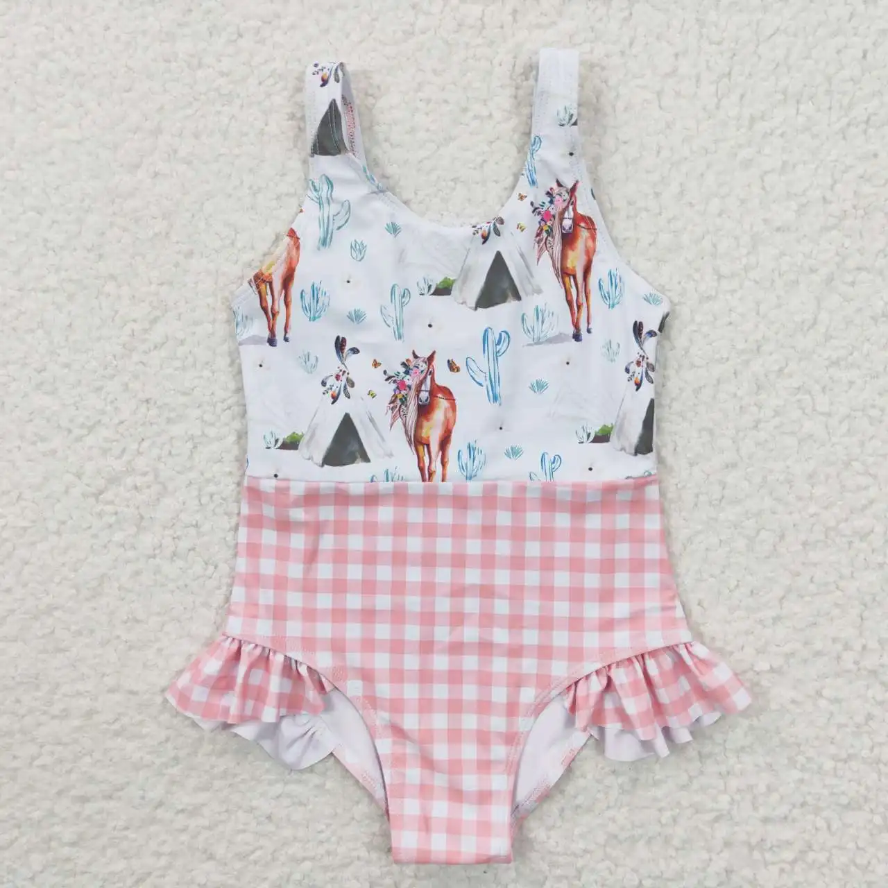 S0118 Western Horse Cacuts White Sleeveless Pink Grids Lining Chest Patch Baby Girls Clothes Jumpsuit swimsuits swimwear kids