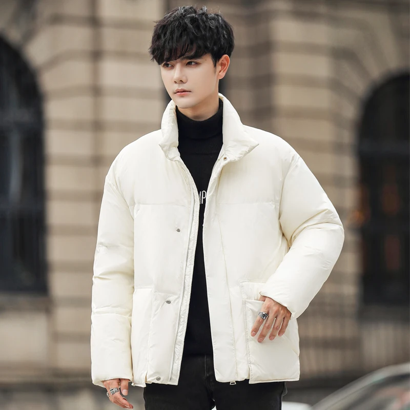 

Мужская пуховая куртка свободного кроя, белая, с воротником-стойкой, повседневная, городская, спортивная, молодежная, из полиэфирного волокна