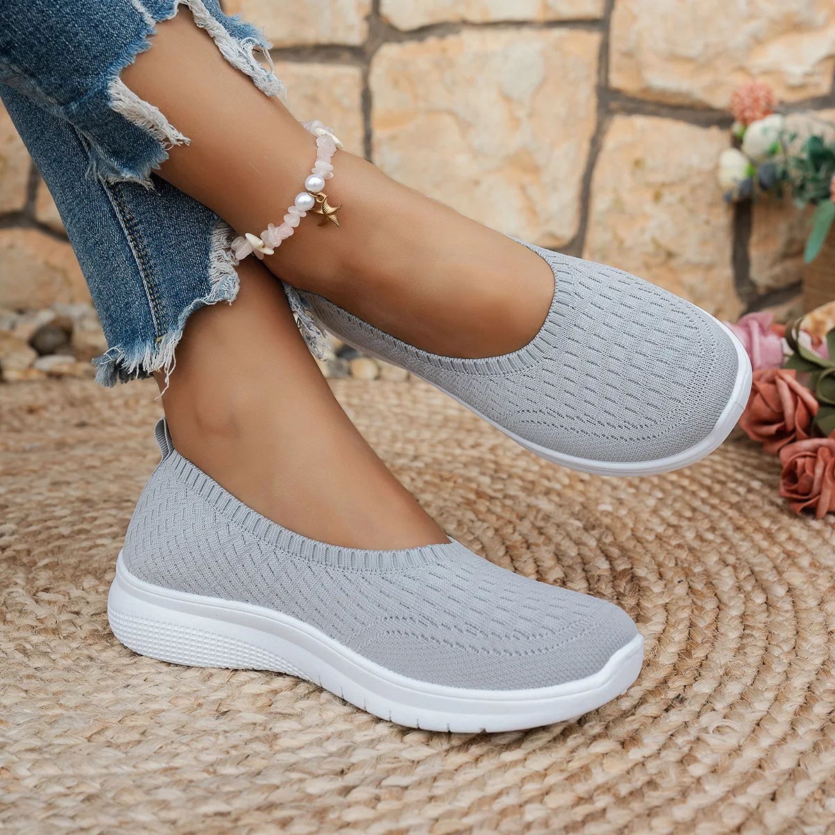 Hohlstrick-Slip-On-Keilsneaker für Damen, atmungsaktiv, rutschfest, weiche Kissensohle, für den täglichen Gebrauch, lässige Mutter-Schuhe – Detail 8