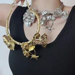 Exaggerated metallic floral necklace for women's new unique vintage alloy necklace with high quality neck jewelry for women