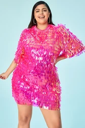 Plus size vestido de baile rosa quente em torno do pescoço lantejoulas borla festa mini vestido