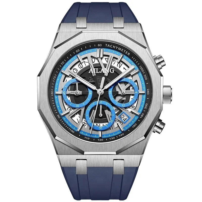 AILANG-8087 Men's Sport Watch Chronograph Skeleton Dial Tachymeter Blue Rubber Strap Waterproof Male Wristwatch