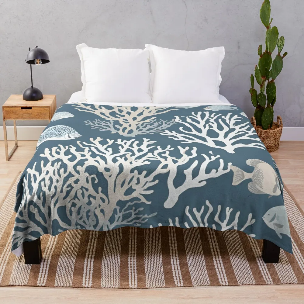 

Blue Coral Reef Fish Beachy Ocean Nautical Art Throw Blanket Warm Comfortable Blanket for Office Napping