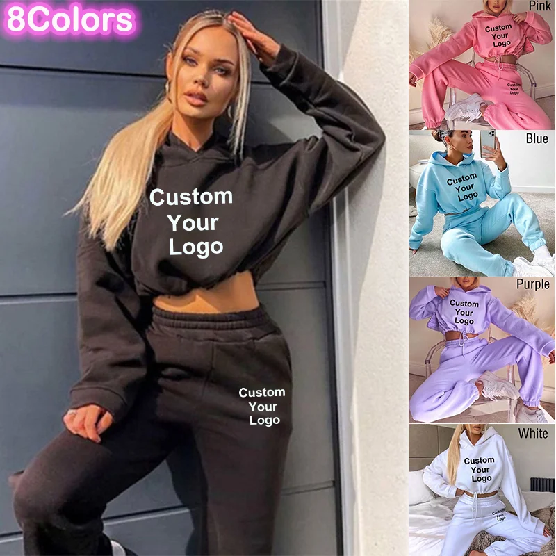 

Women Custom Your Logo Tracksuit Hoodie+Pants Jogging Suit Casual Sportswear Autumn Winter 2 Piece Set