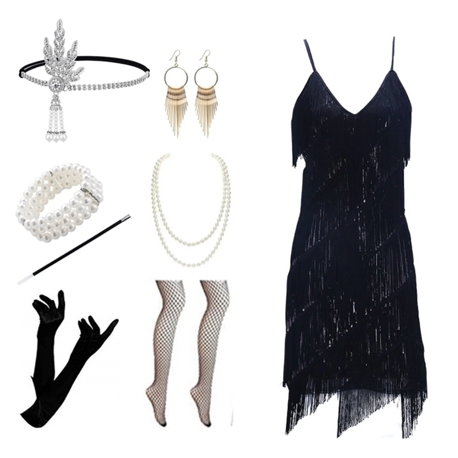 Vestido feminino sem mangas com borla e lantejoulas, decote em V, lantejoulas, frisado, franjas, com acessórios para traje de baile de Halloween