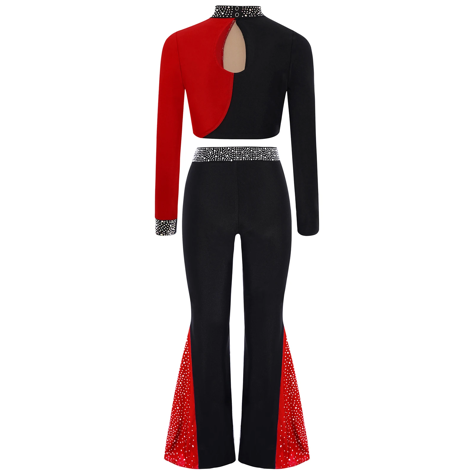 Child Long Sleeve Lyrical Dance Outfit Girl Keyhole Back Top with Bell-bottomed Pants Dancewear Set for Skating Dance Gymnastics