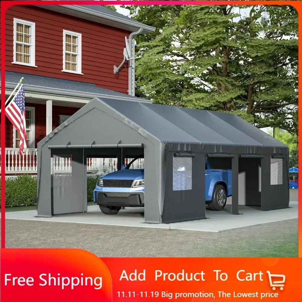 Carport 13'x 25' Heavy Duty Car Port with Roll-up Sidewall and Ventilated Windows with Removable Sidewalls,,Gray Carports