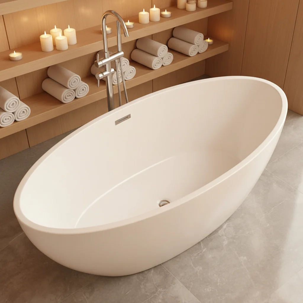

&c Modern Freestanding Oval Acrylic Bathtub with Middle Drain Eco-Friendly Soaking Tub for Small Bathroom Hotel Use