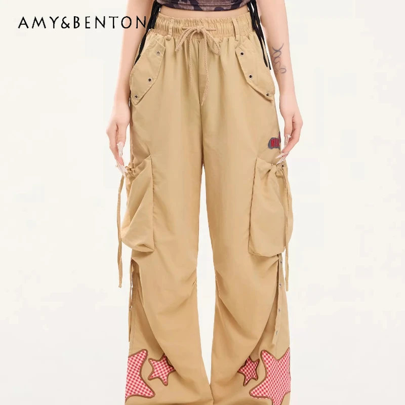 

Американские ретро-комбинезоны для женщин с множеством карманов, весна 2026, с вышивкой звезд, уличные, эластичные, с высокой талией, свободные брюки для дам