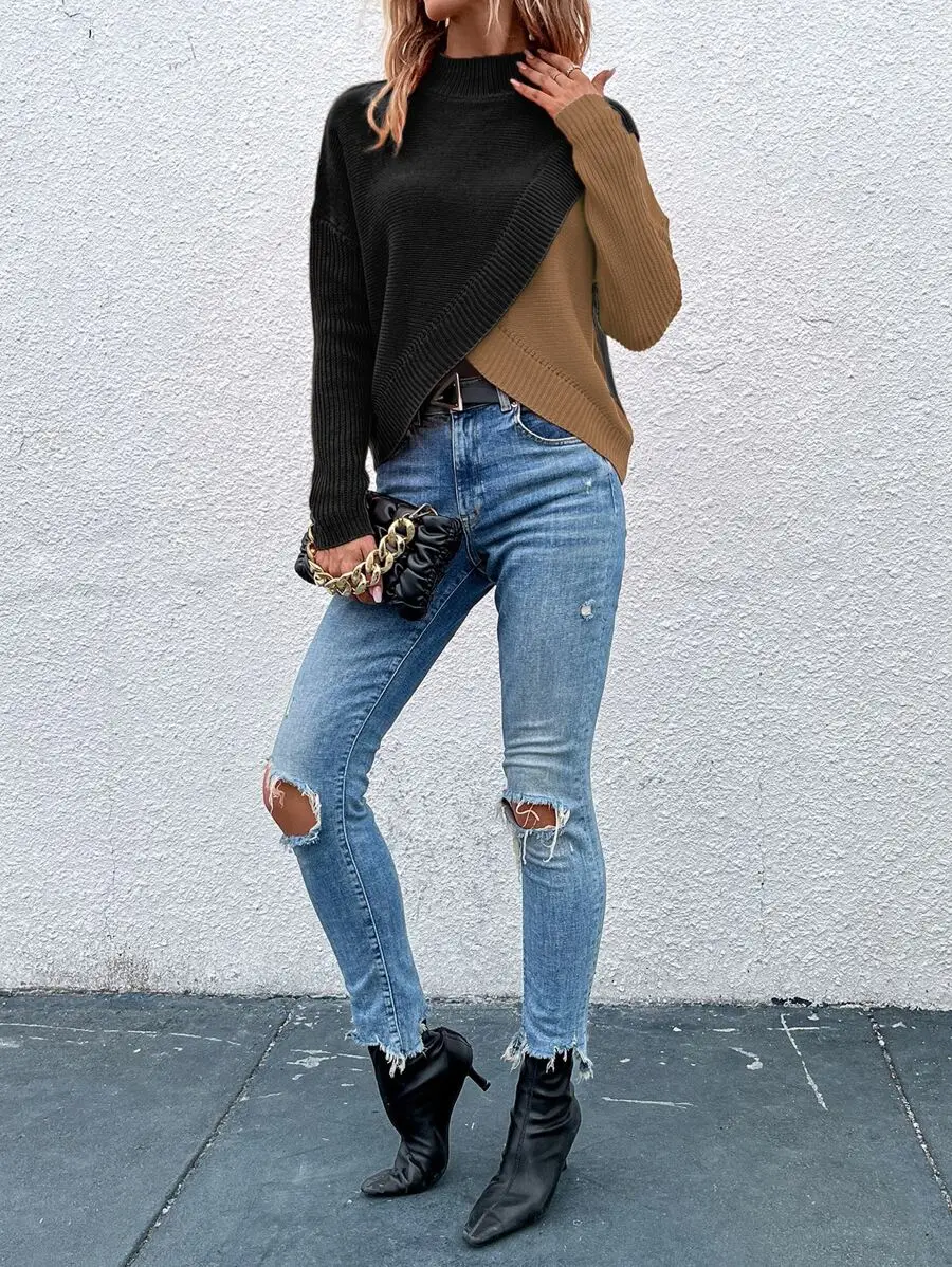 سترة نسائية فضفاضة ذات لون سادة وياقة واقفة وأكتاف منسدلة وأكمام طويلة وحاشية غير متماثلة، للخريف/الشتاء #4