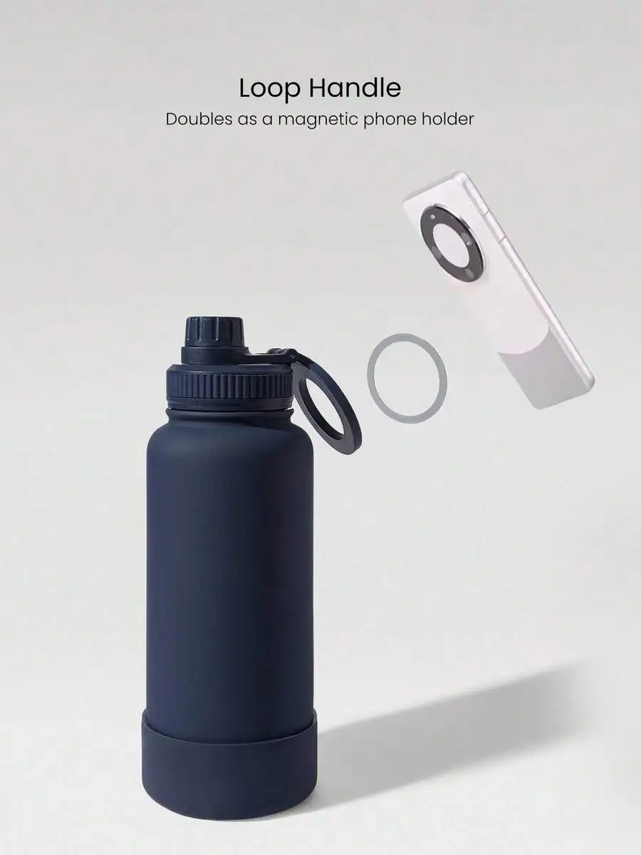 34 OZ Sip And Go Double-Layer Stainless Steel Loop Handle Magnetic Phone Holder Non-Slip Base Water Bottle Daily Casual Office A