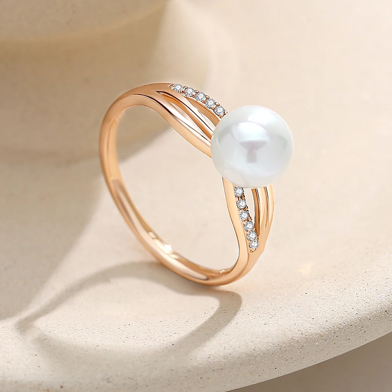 SYOUJYO Luxury Big Pearl Natural Zircon Ring For Women 585 Rose Gold Color Fine Jewelry Gift Original Design