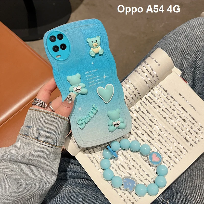 Phone Case for Oppo A58 Oppo A57 Oppo A55 Oppo A54 Oppo A52 Wavy Gradient 3D Sweet Bear Hand Strap Bracelet Case Cover