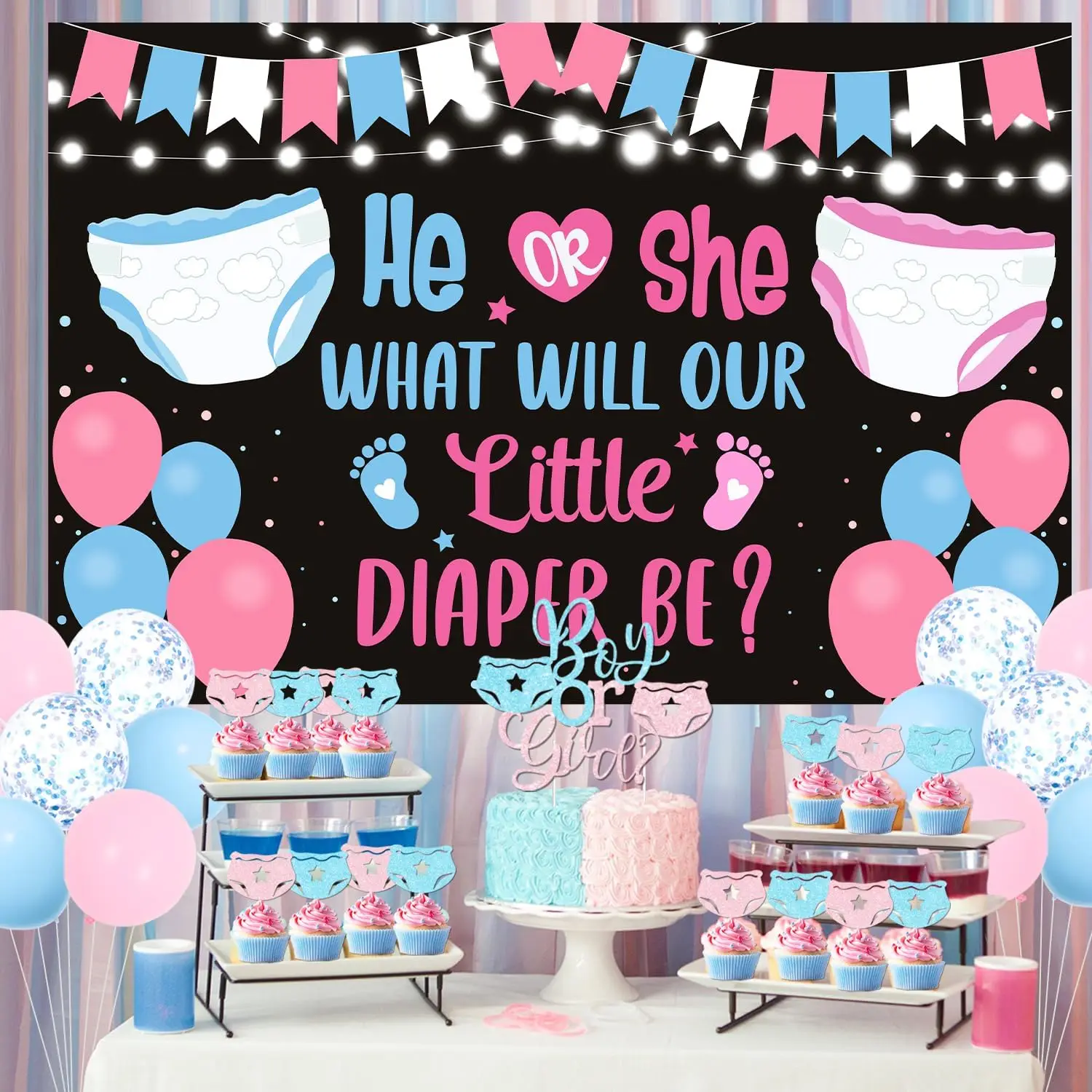 Joymemo Diaper Theme Gender Reveal Party Decor He or She What Will Our Little Diaper Backdrop for Baby Shower Party Supplies