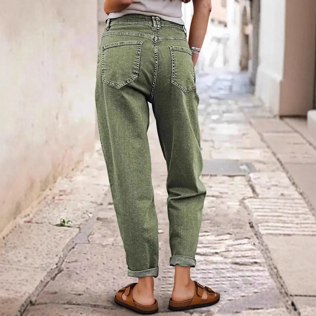 

Women Baggy Jeans Olive Green Straight Leg Denim Pants Slant Pockets Cuffed Hem Women's Denim Jeans Two Button Waist Patch