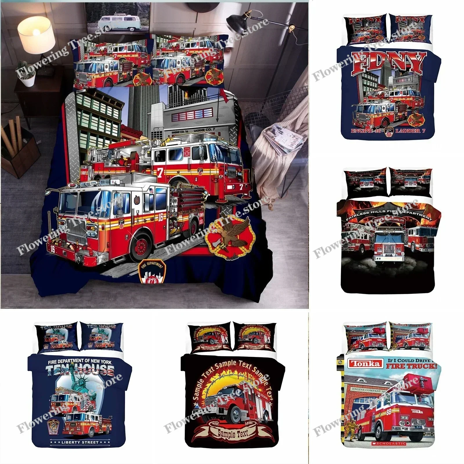 

Firefighter Truck Duvet Cover KingQueen Size Red Firemen Car Bedding Set for Kids Boys Girls Fire Engine Polyester Quilt Cover02