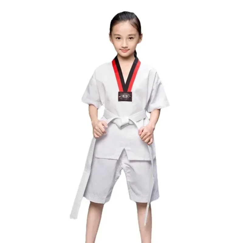 

2024 TKD Costumes Clothing White Taekwondo Uniforms WTF Karate Judo Dobok Clothes Children Adult Unisex Half Sleeve Gi Uniform