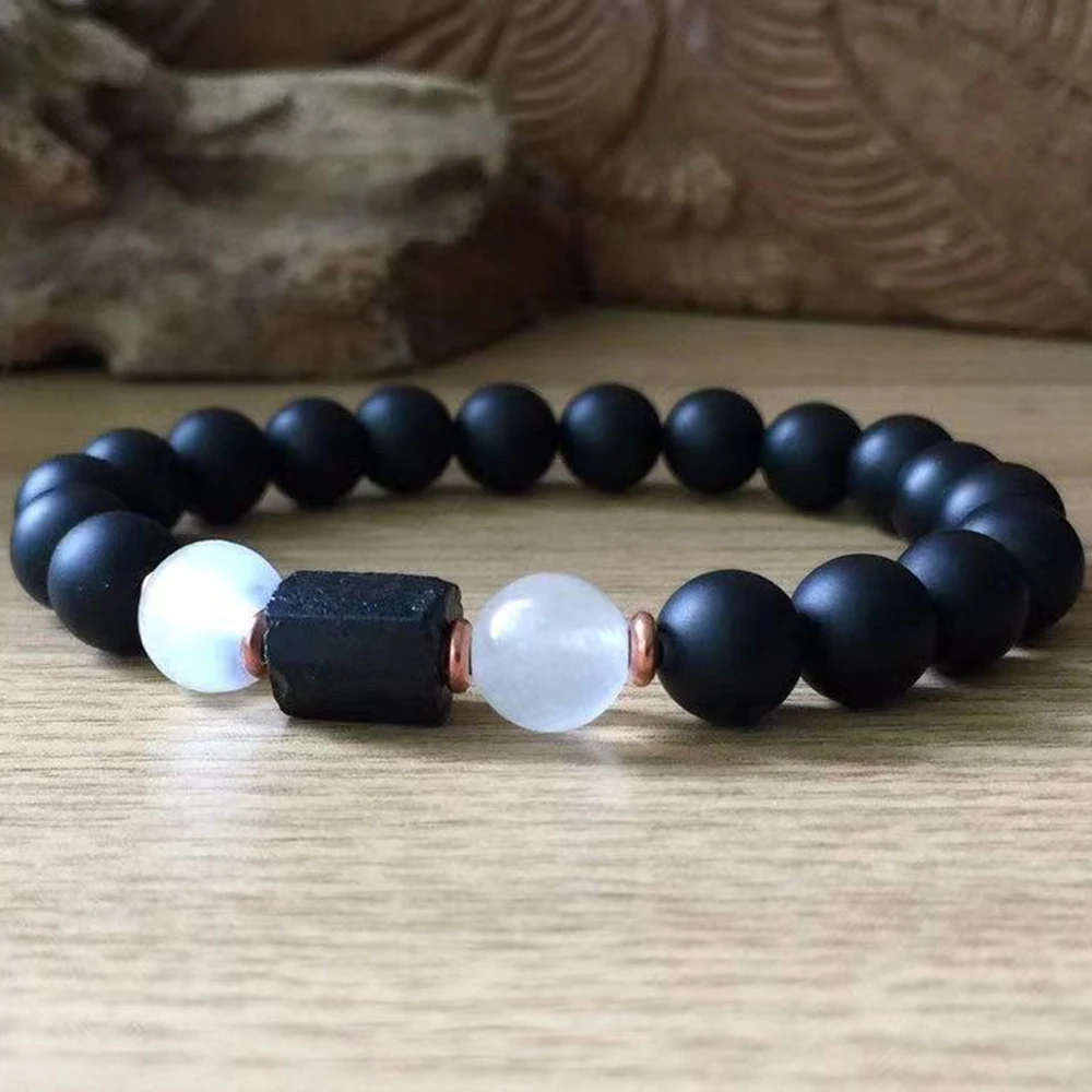 MG2134 8 MM Selenite Raw Black Tourmaline Bracelet Womens Gemstones Beaded Energy Protection Wrist Mala