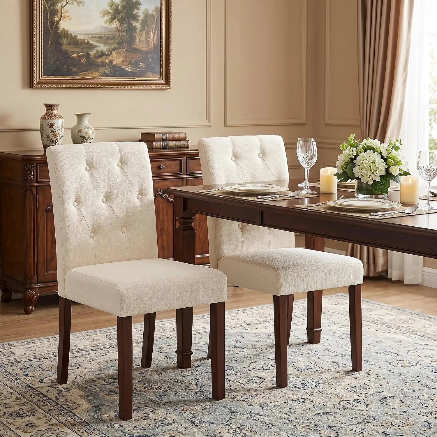 Set of 2 Upholstered Dining Chairs, Grey Fabric Dining Chairs for Kitchen, with Button Tufted Back & Wood Legs, Padded Accent Chairs for Kitchen, Dining Room & Living Room