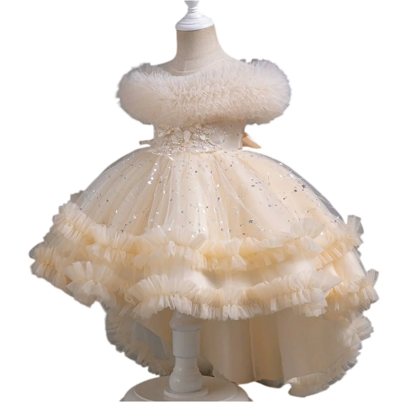 

Flower Girl Wedding Party Ball Tailed Print Dress Girl Birthday Communion Party High Collar Dress Girl Graduation Dinner Dress