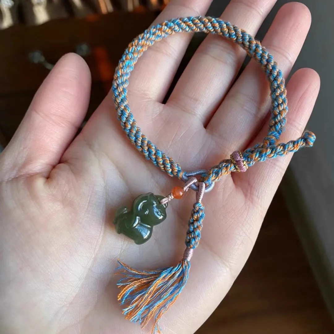 

Natural Hetian Jade Light Green Zodiac Horse Bracelet Handwoven Rope Full Shape Luck Blessings Gifts
