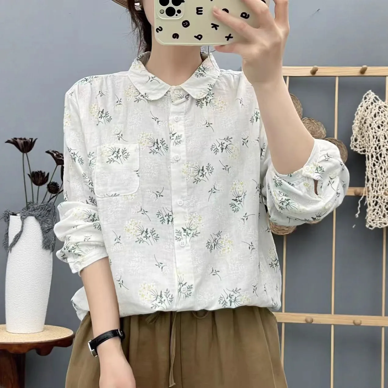 جديد 2025 قميص خريفي بأكمام طويلة من غزل القطن ، طباعة ياقة مقلوبة للسيدات ، بلوزة فضفاضة أنيقة من Mori Girl Sweet Prairie T58023CC