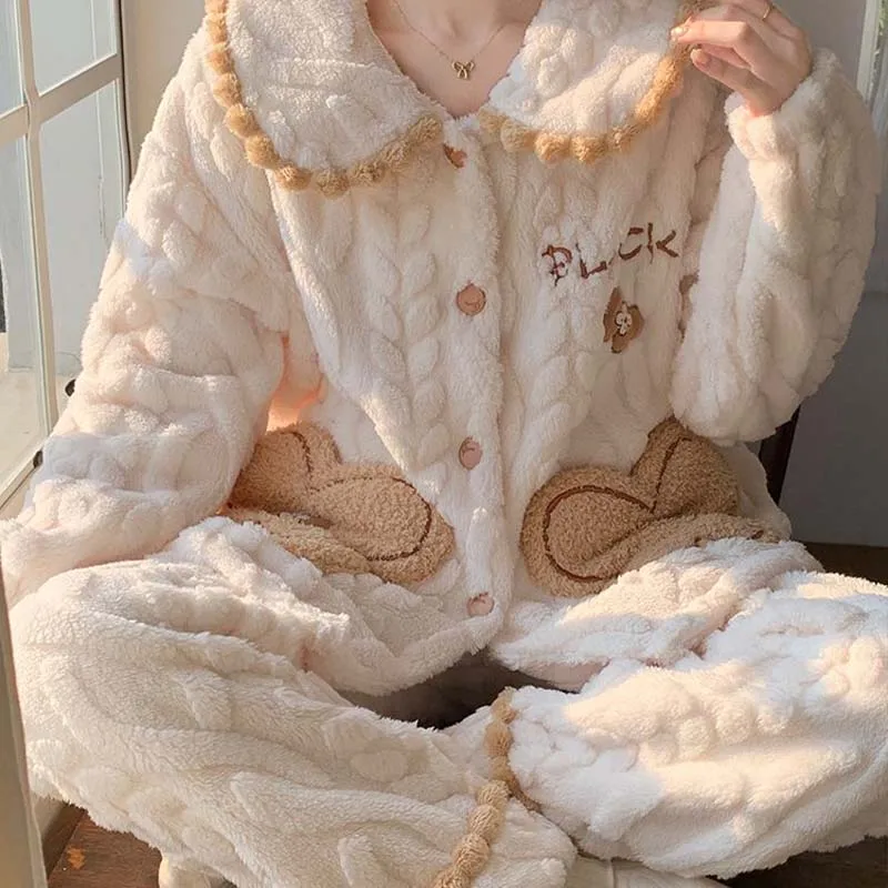Pigiama cardigan in pile corallo carino da donna autunno e inverno Set pigiama in peluche addensato per ragazze studente caldo e confortevole pigiama
