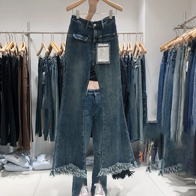 Autumn Winter New High-Waisted Denim Micro-Cropped Long Pants Women Fringed Raw Edge Slim Thin Fashion Design Sense Slit Jeans