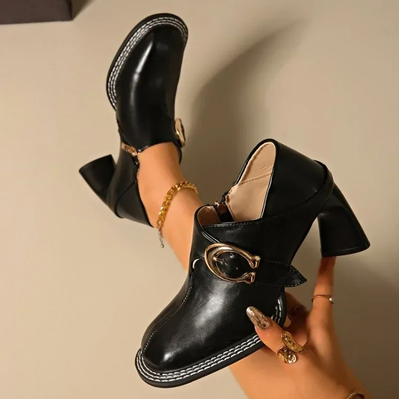 

2025 Platform Block Heel Single Shoes Women's Square Toe Leather Shoes New Autumn High Heels