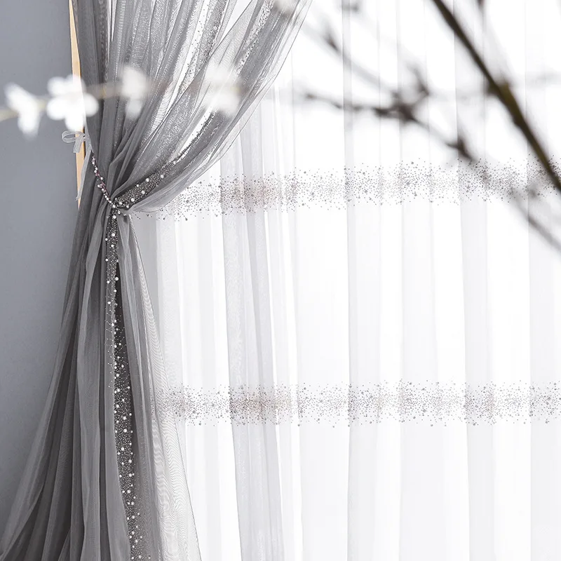 

1PC Bead Nailing Pearl Embroidery Window Screen White Gauze Curtains for Living Room Bedroom French Window Balcony