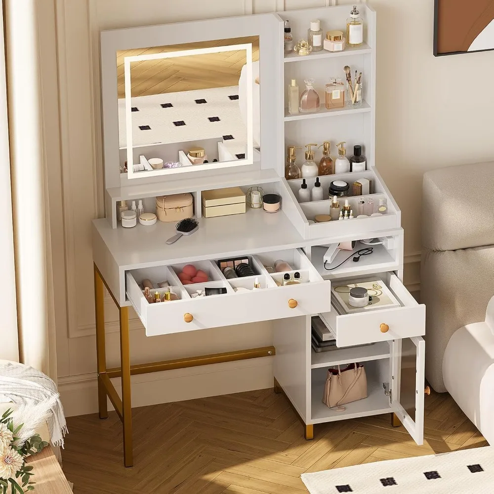 

Vanity Desk with Lighted Mirror, Large Makeup Dressing Table Whit Power Outlet 2 Drawers 1 Cabinet and Open Storage Shelves for