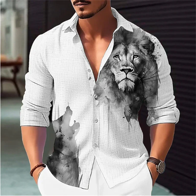 Men's Long Sleeve Shirt Button Fashion Stripe Plaid Tribal Lion King Casual Outdoor Lapel Plus Size New Soft Comfortable Top