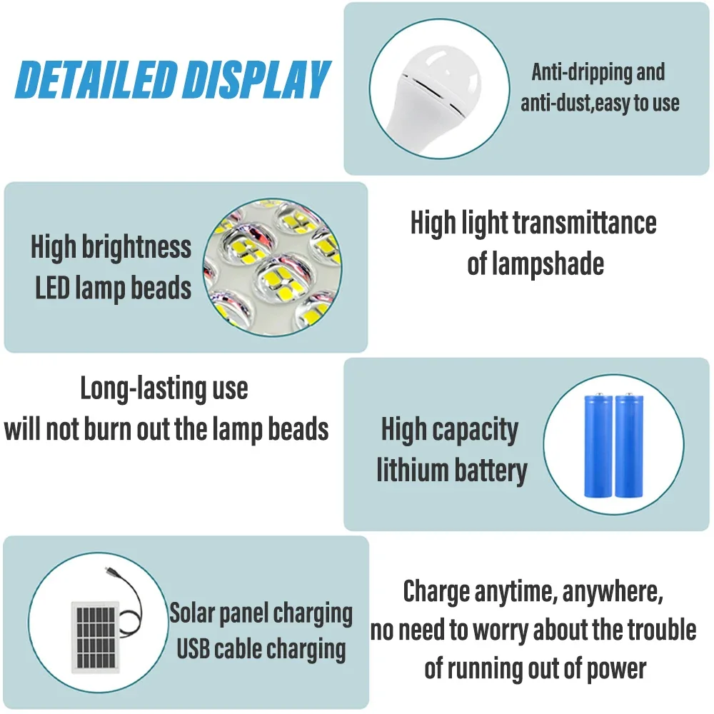 LED Solar Lamp Bulb Outdoor Waterproof Portable Solar Garden Hanging Light Hiking Fishing Emergency Lights