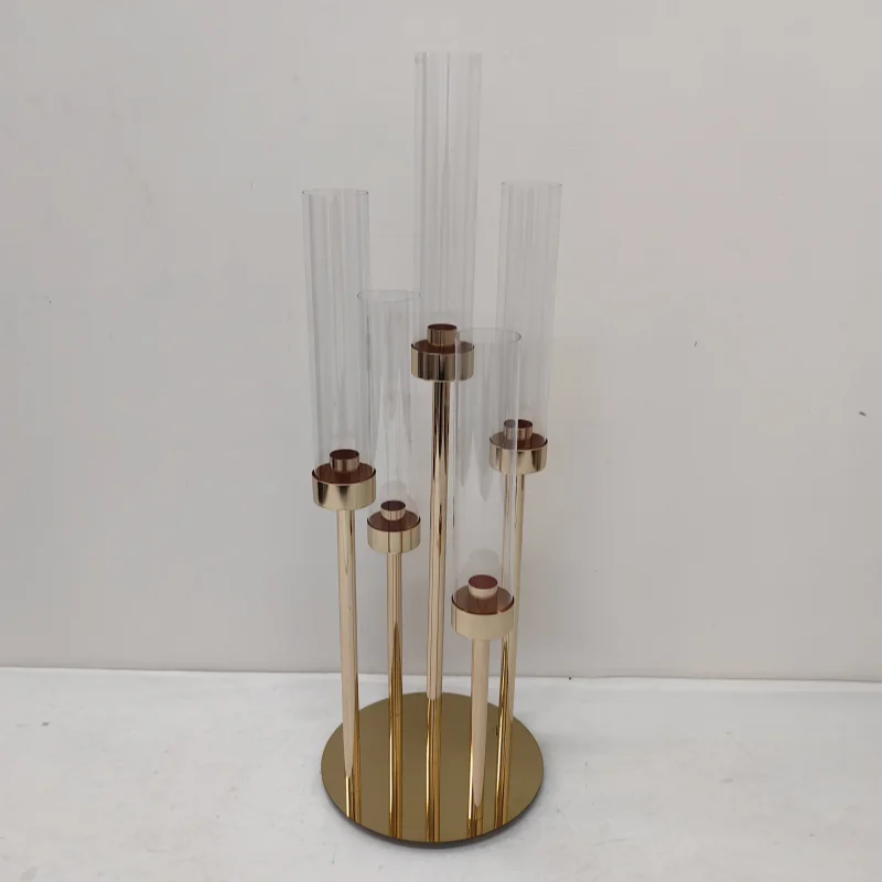 2/4Pcs Wedding Candlestick Five Head Flower Vase Table Party Golden Candle Holder Stand Dinner Props Table Decoration
