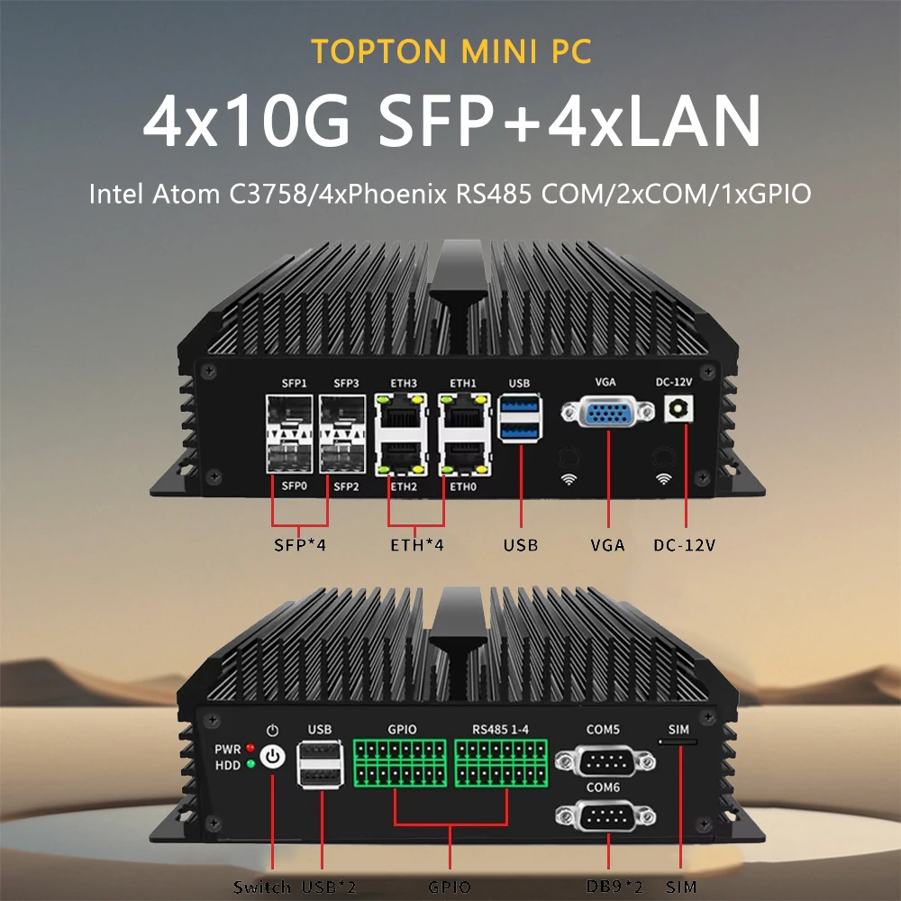 Mini PC Intel Atom C3758 with 4x10G SFP+ 4*i226-V LANs Fanless Mini Computer 4x Phoenix RS485 COM 2xDB9 RS232/485 COM 1x GPIO