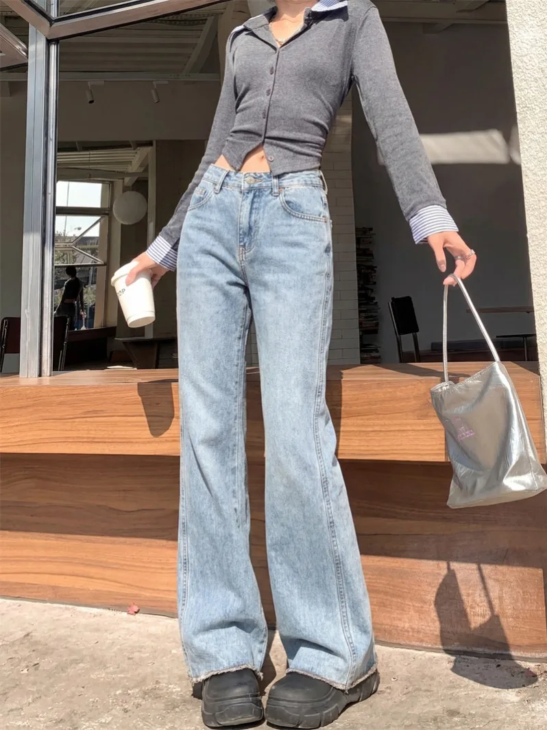 

Elegant Blue Frayed Micro Flared Jeans Women's Fashion Spring Slimming Versatile Long Pants High Waist Denim Spring 2026