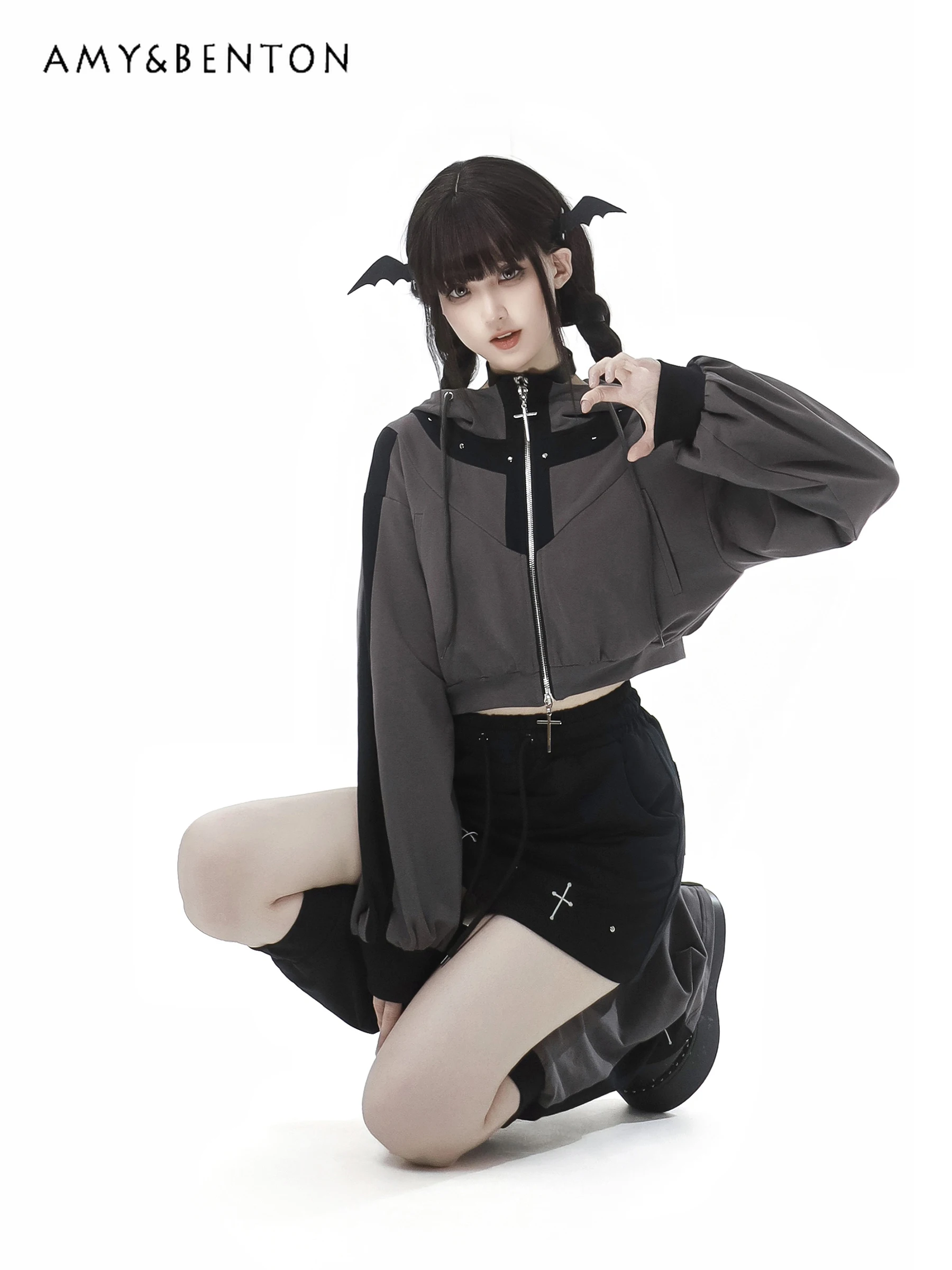 Subculture Girl Black and Gray Suit Gothic Patchwork Hooded Short Zipper Sweater Mini Skirt Y2K Two Piece Sets Womens Outifits