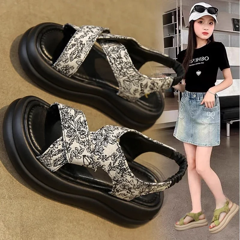 Girls Princess Shoes Chic Slip-on Kids Sandals Open Toes Soft Sole 2025 Summer New Children Beach Shoes Casual Embroidered Sweet