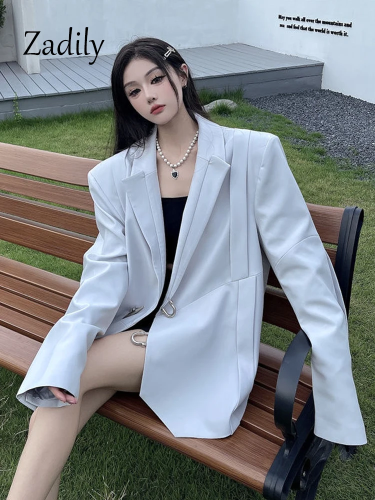 Zadily 2023 Winter Office Lady Long Sleeve Women Oversize Blazer Korea Style Metal Button Woman Work Suits Coat Female CLothing